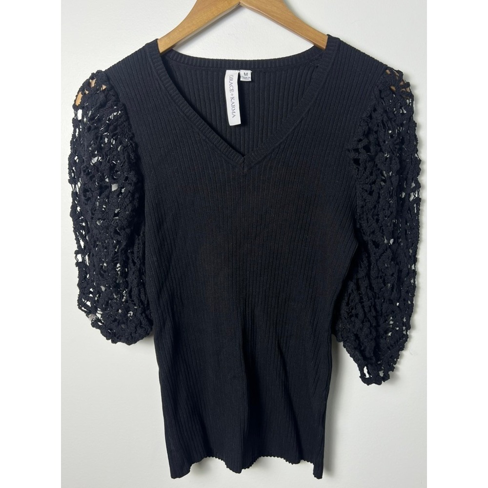 Grace+Karma Crochet Ribbed Top M Black Knit Romantic Whimsigoth Corporate Goth